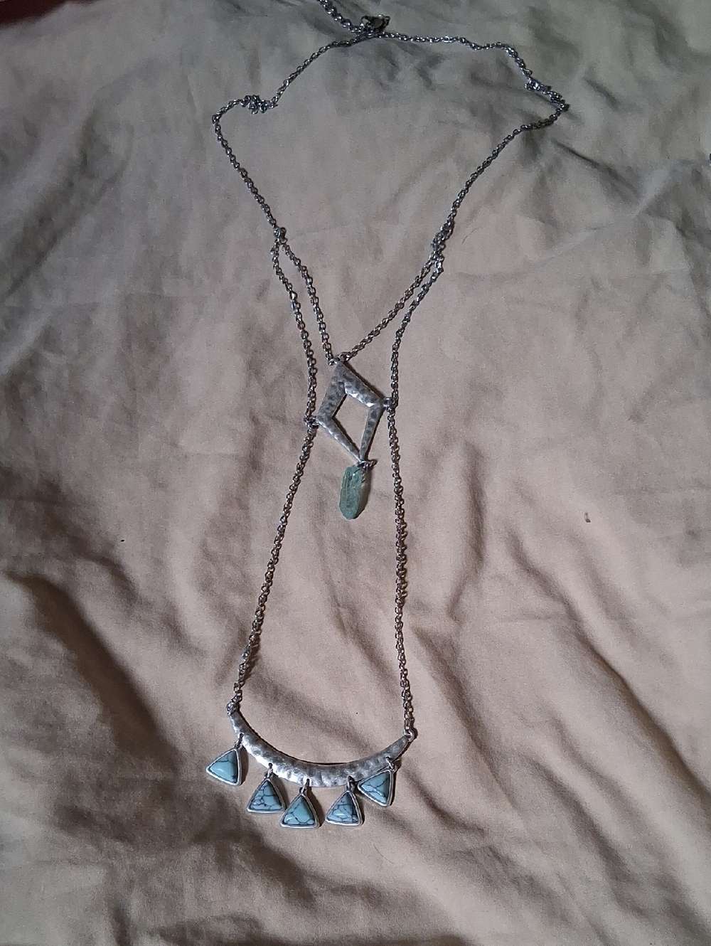 Silver-Tone Layered Pendant Necklace with Light Blue Stones - Unbranded